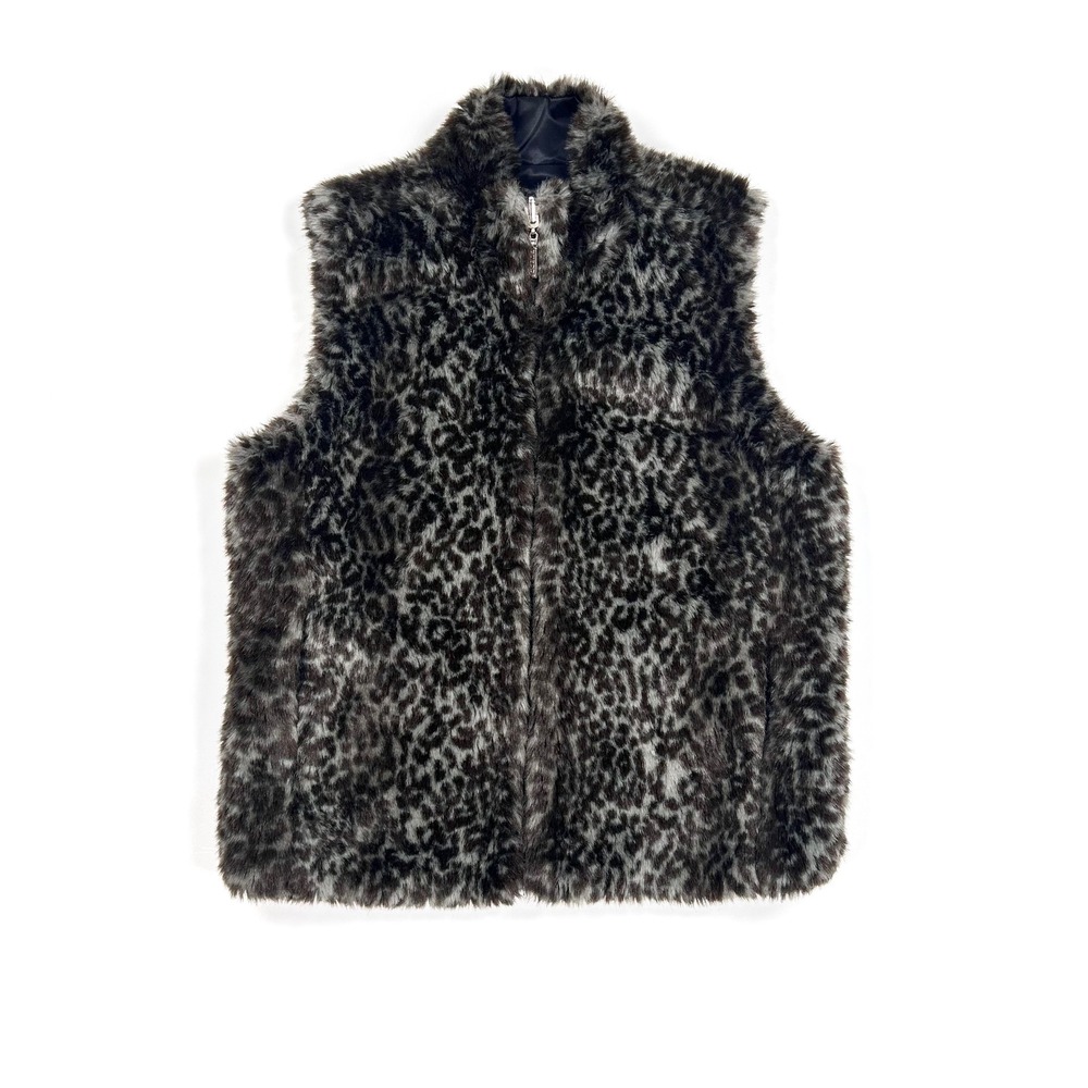 Vtg Y2K Guess Vest Faux Fur Nylon Reversible Women Small Leopard Blue Brown Gray